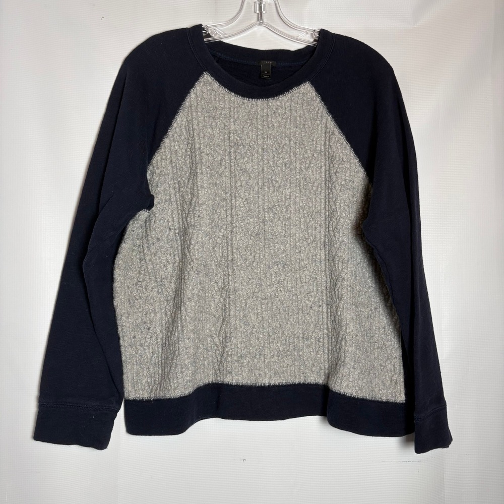 J.Crew Womens Raglan Sweatshirt Navy Gray‎ Textured Front Panel XL Nautical